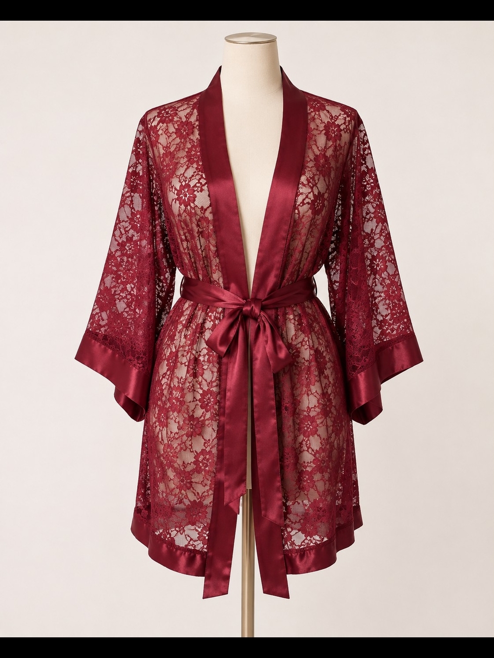 TORRID Size 3/4 Burgundy Floral Lace Satin Trim Kimono Robe Elegant Romantic